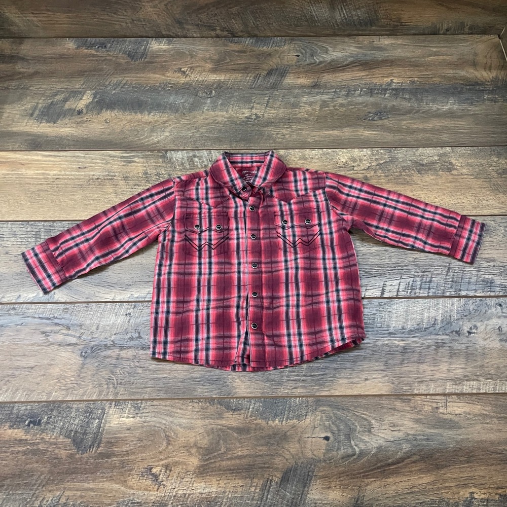Wrangler Toddler Boys Red Black Plaid Western Long Sleeve Snap Shirt 24 Months
